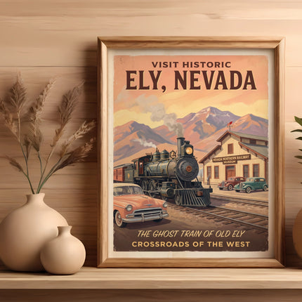 Poster for Ely, Nevada, featuring a steam train, vintage cars, and the Nevada Northern Railway Museum.