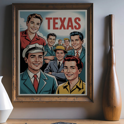 Vintage Texas travel poster featuring smiling men in retro clothing.