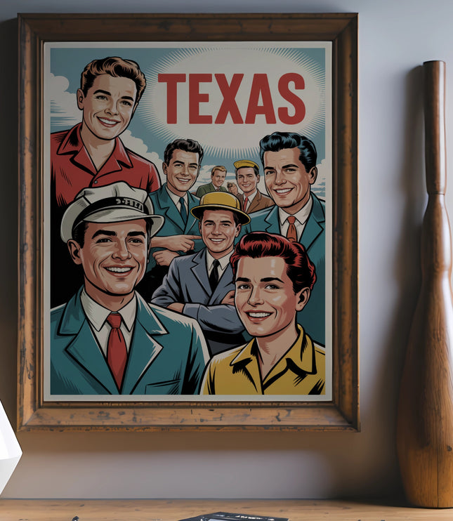 Vintage Texas travel poster featuring smiling men in retro clothing.