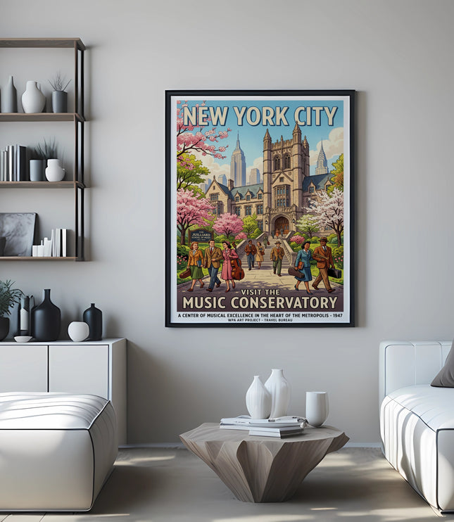 New York City Music Conservatory vintage travel poster, WPA art project.