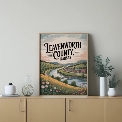 Leavenworth, Kansas landscape artwork with river, town, and wildflowers.