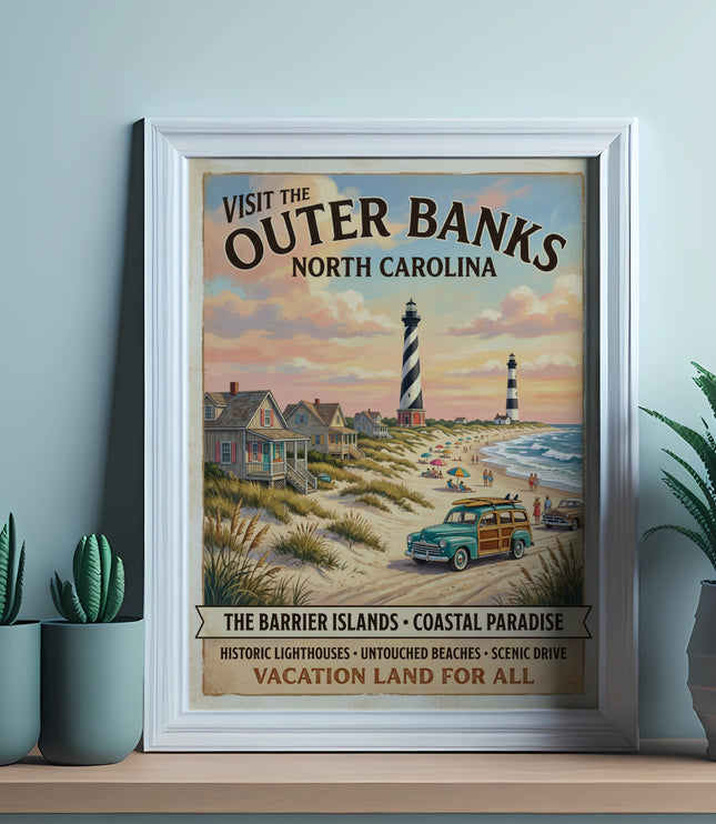 Outer Banks North Carolina travel poster with lighthouses, beach, and vintage car.