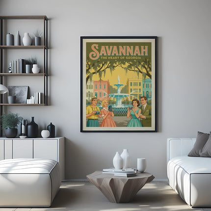 Vintage Savannah Georgia travel poster with fountain and couples.