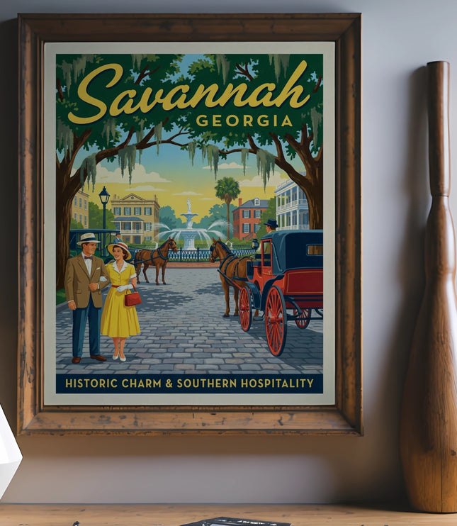 Savannah Georgia historic charm southern hospitality poster with couple and carriage.