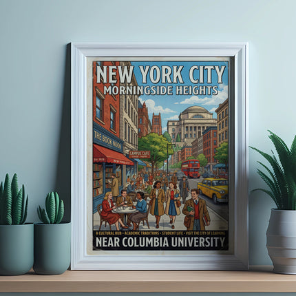 New York City Morningside Heights poster with buildings, people, and text about Columbia University.