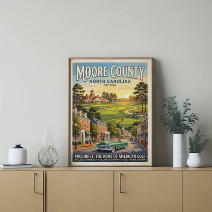 Moore County, North Carolina vintage travel poster with golf scene and classic car.
