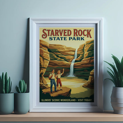 Starved Rock State Park poster with couple and waterfall.