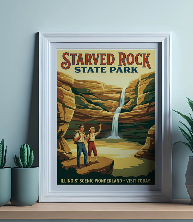 Starved Rock State Park poster with couple and waterfall.