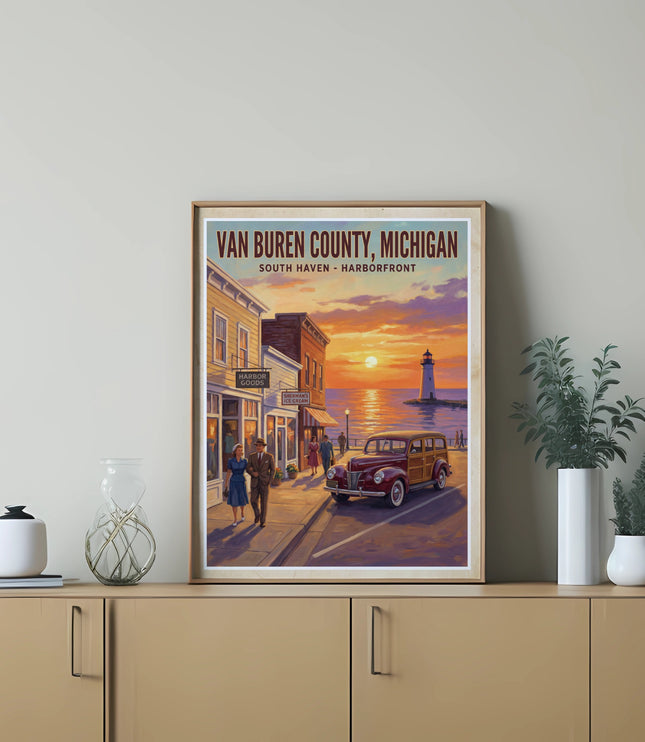 Van Buren County, Michigan poster shows South Haven harborfront with lighthouse and vintage car.