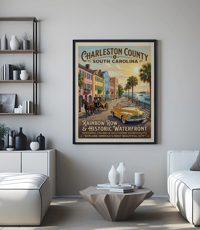 Charleston County, South Carolina travel poster with Rainbow Row and Waterfront scene.