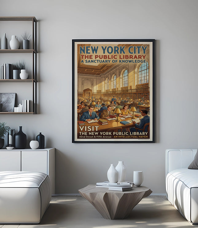 New York City Public Library poster with "Visit" text in a modern living room.