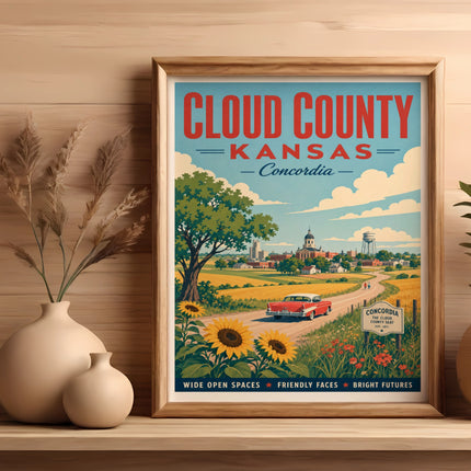 Cloud County, Kansas travel poster featuring a red car and sunflowers.