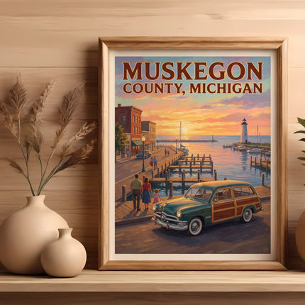 Art print of Muskegon County, Michigan, featuring a vintage car and waterfront sunset.