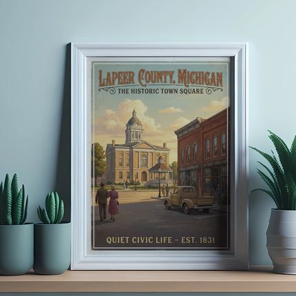 Lapeer County, Michigan vintage poster of the historic town square.