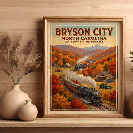 Vintage poster for Bryson City, North Carolina, featuring trains and autumn foliage.