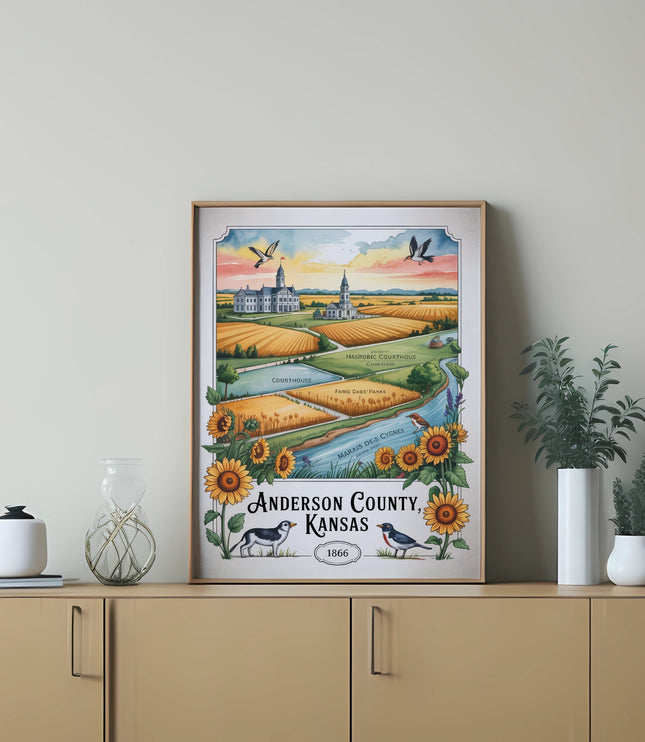 Vintage map of Anderson County, Kansas, 1866, featuring sunflowers and landmarks.