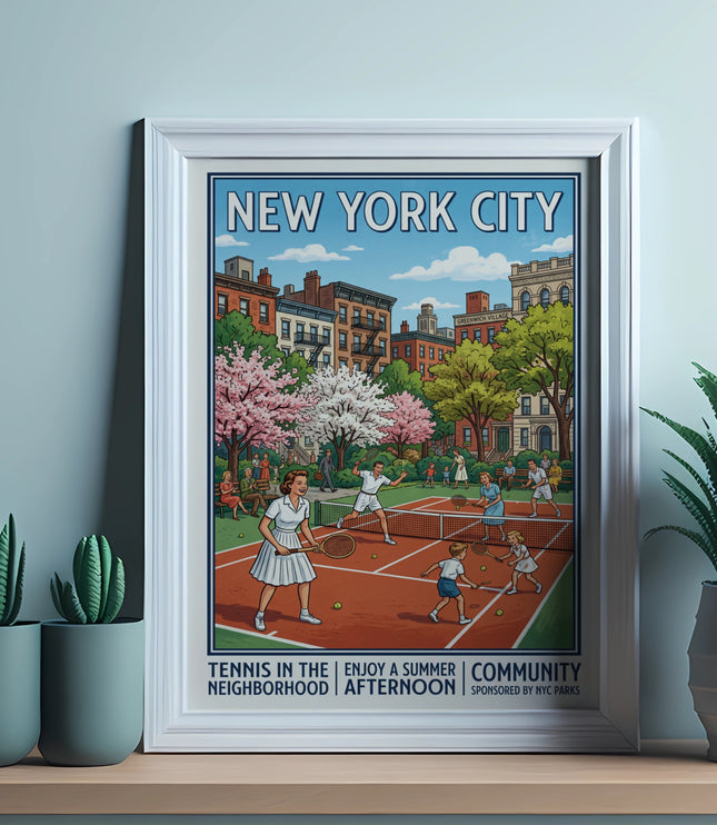 New York City poster depicting a neighborhood tennis scene and "Greenwich Village" text.