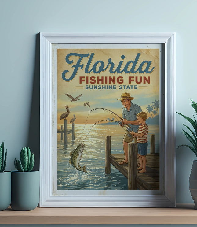 Florida fishing fun poster with father and son catching a fish.