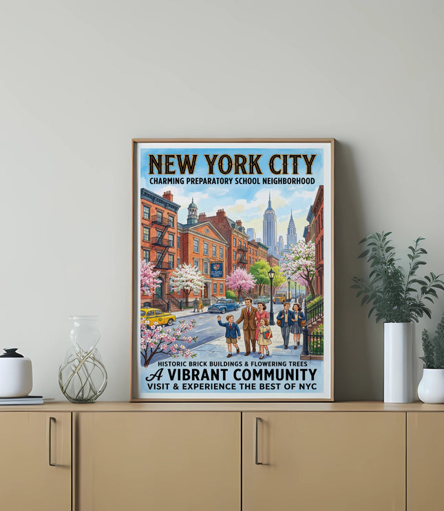 New York City poster with family, vintage cars, and school buildings.
