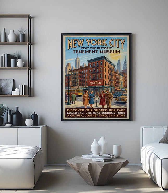 New York City Tenement Museum vintage travel poster with skyline and street scene.