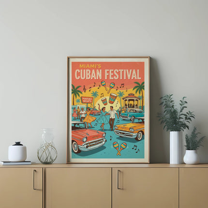 Miami's Cuban Festival Havana Nights poster with vintage cars and dancing figures.