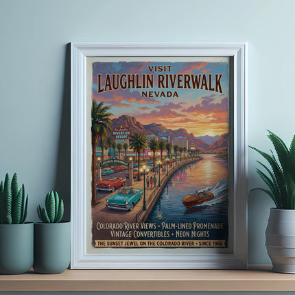Laughlin Riverwalk vintage travel poster with river, casinos, convertibles, and sunset.