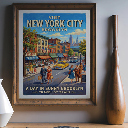 Vintage travel poster: "Visit New York City Brooklyn" with colorful street scene.