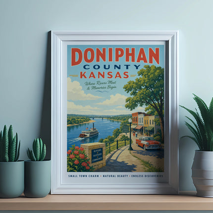 Doniphan County Kansas vintage poster with rivers, historic Main Street, and text.