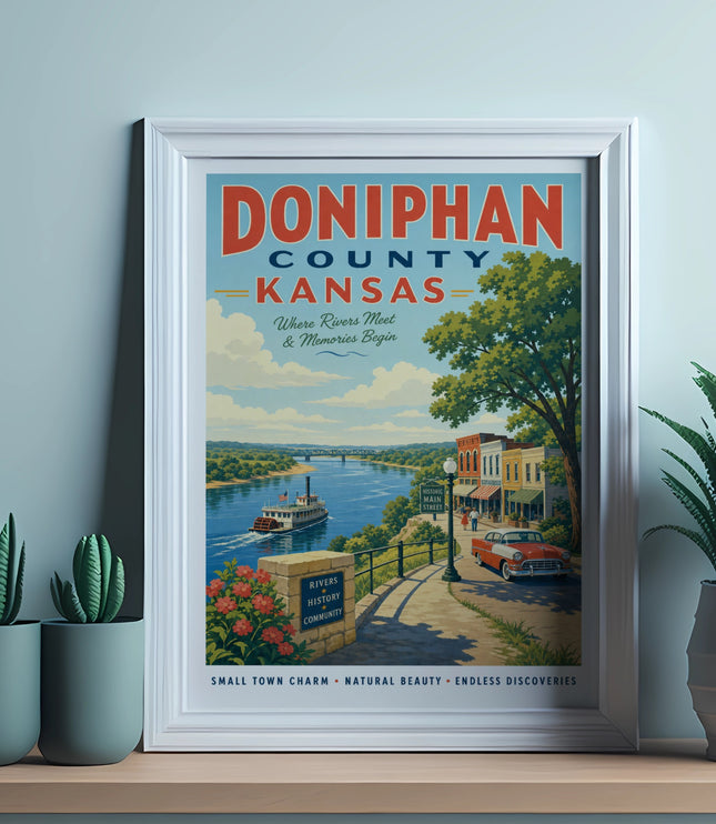 Doniphan County Kansas vintage poster with rivers, historic Main Street, and text.