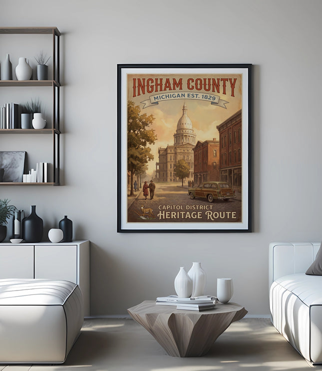 Ingham County Michigan Est. 1829 Capitol District Heritage Route retro poster.