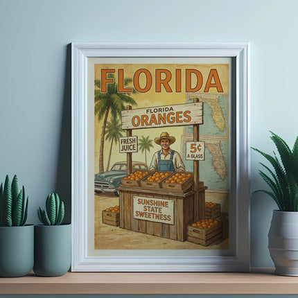 Framed vintage Florida oranges sign with fruit stand, car, and map.