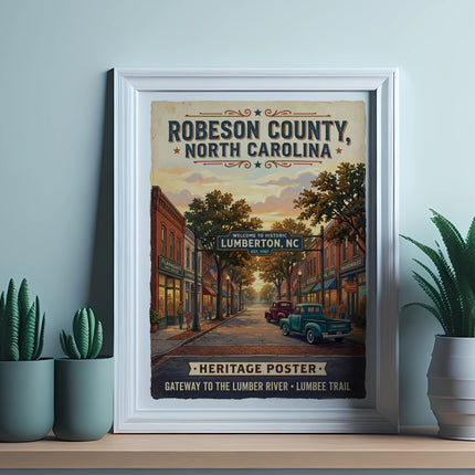 Robeson County, North Carolina heritage poster depicting historic Lumberton street scene.