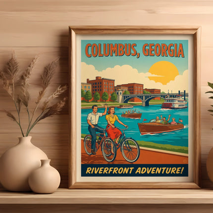Framed vintage poster: "Columbus, Georgia Riverfront Adventure!" with couple cycling.