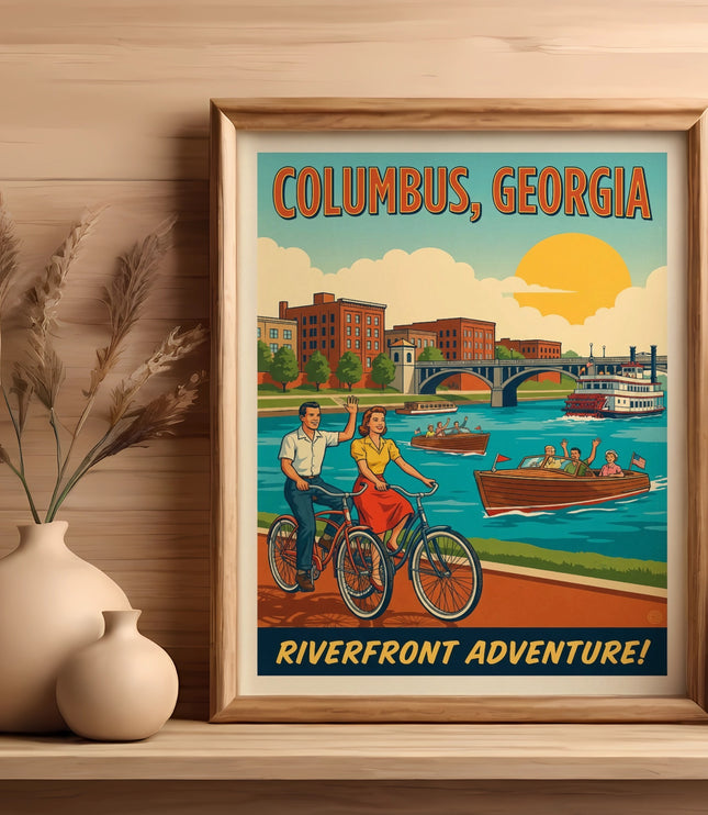 Framed vintage poster: "Columbus, Georgia Riverfront Adventure!" with couple cycling.