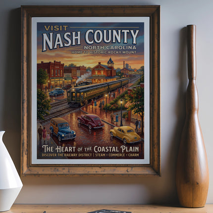 Visit Nash County North Carolina poster depicting train station, vintage cars, and text.