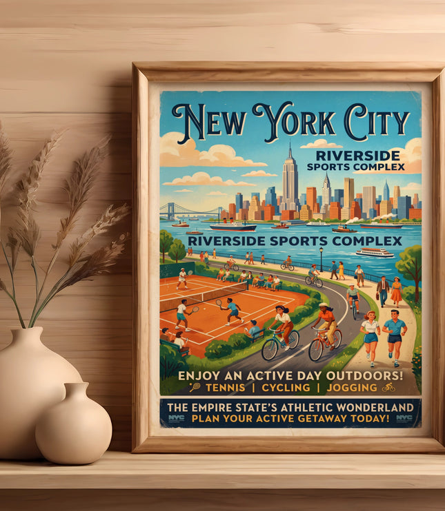 New York City Riverside Sports Complex poster featuring tennis, cycling, and jogging.