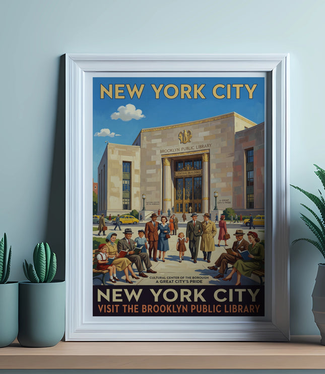 New York City poster featuring Brooklyn Public Library and people reading and walking.