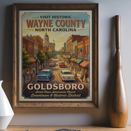 Retro poster of Goldsboro, North Carolina, featuring vintage cars and buildings.