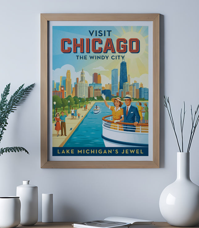 Vintage style poster featuring Chicago skyline with text "Visit Chicago The Windy City Lake Michigan's Jewel".