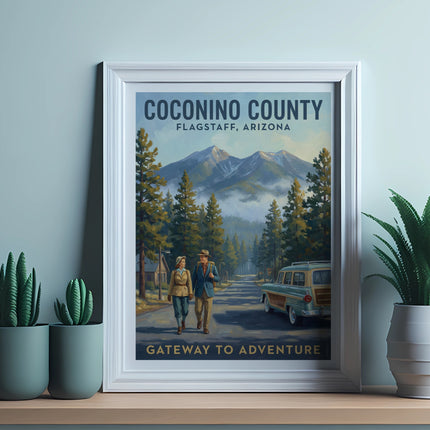 Coconino County Flagstaff Arizona vintage travel poster with couple and woody wagon.