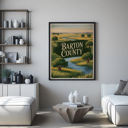 Vintage Barton County travel poster with rolling hills, river, and trees.