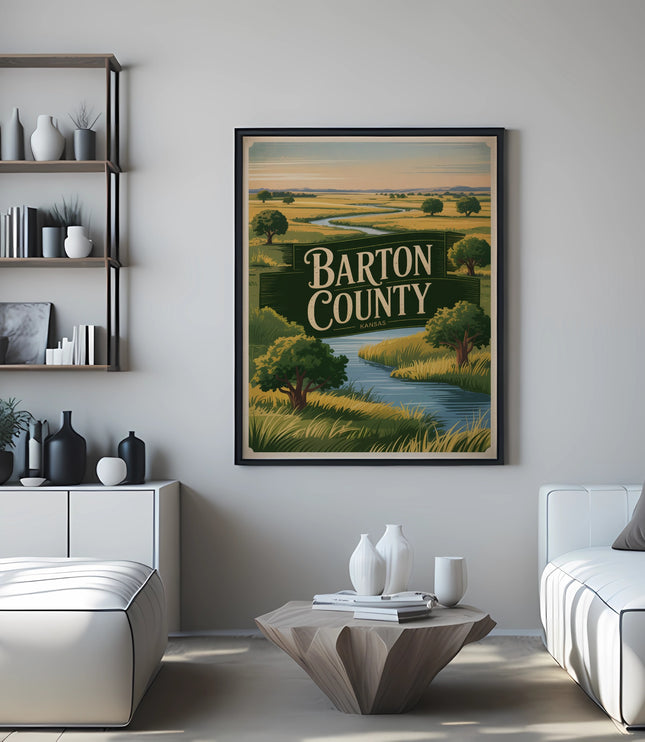 Vintage Barton County travel poster with rolling hills, river, and trees.