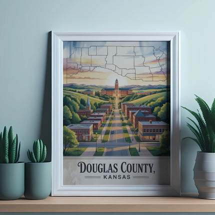 Framed print featuring a landscape of Douglas County, Kansas buildings and rolling hills.