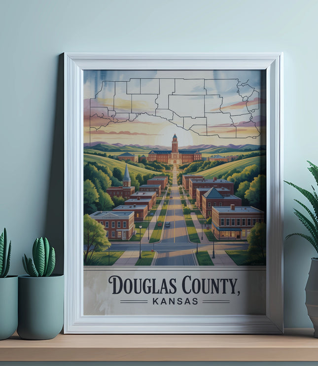 Framed print featuring a landscape of Douglas County, Kansas buildings and rolling hills.