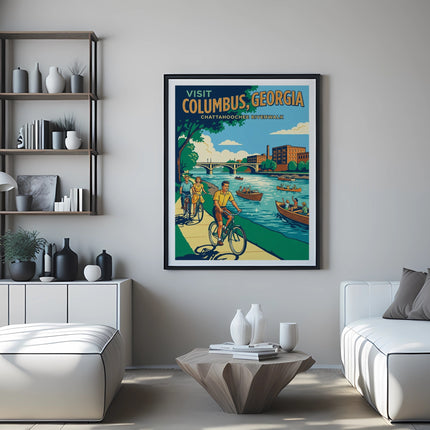 Poster for Columbus, Georgia, showing people cycling along a river.