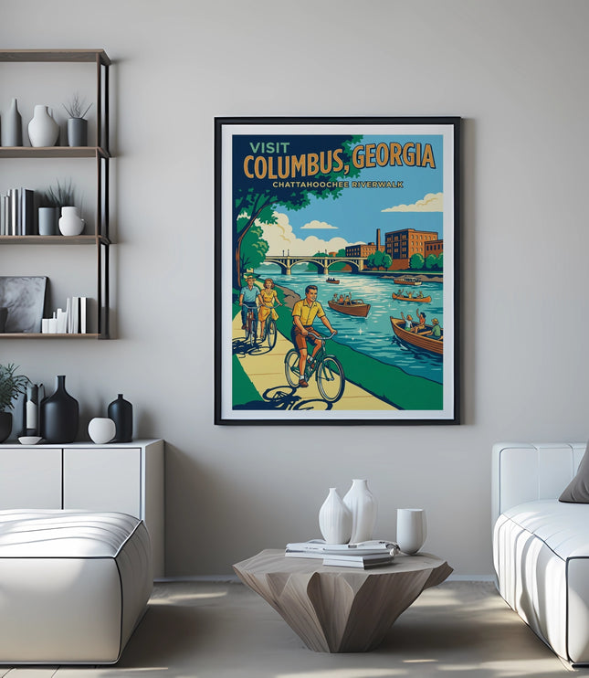 Poster for Columbus, Georgia, showing people cycling along a river.