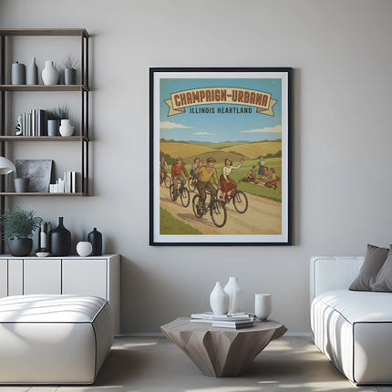 Champaign-Urbana, Illinois Heartland poster of people cycling under a blue sky.