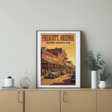 Vintage art of Prescott, Arizona's Historic Whiskey Row with classic cars and building facades.