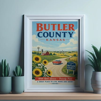 Butler County, Kansas travel poster with sunflowers, farm, and car.