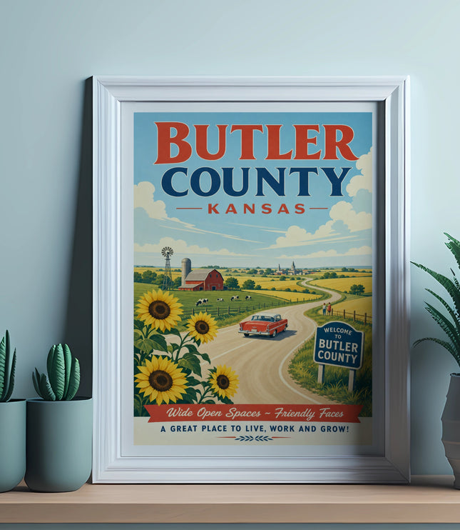 Butler County, Kansas travel poster with sunflowers, farm, and car.